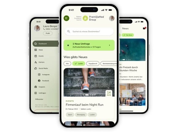 Drei Smartphones mit Screens der PRIMA Mitarbeiter*innen-App der PremiQaMed Group