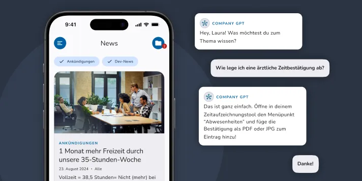 Smartphone mit Screen der hAPPydo Mitarbeiter-App und einem Dialog der CompanyGPT KI
